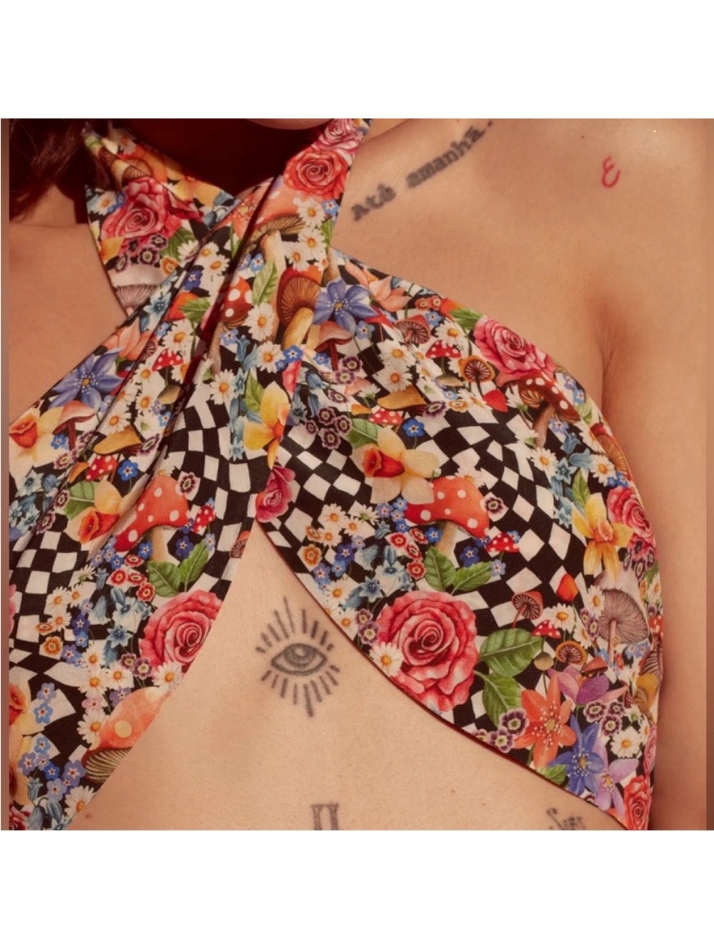 For Love & Lemons Small Top Diedra Halter Scarf Festival Mushroom Black Motif - Picture 9 of 13